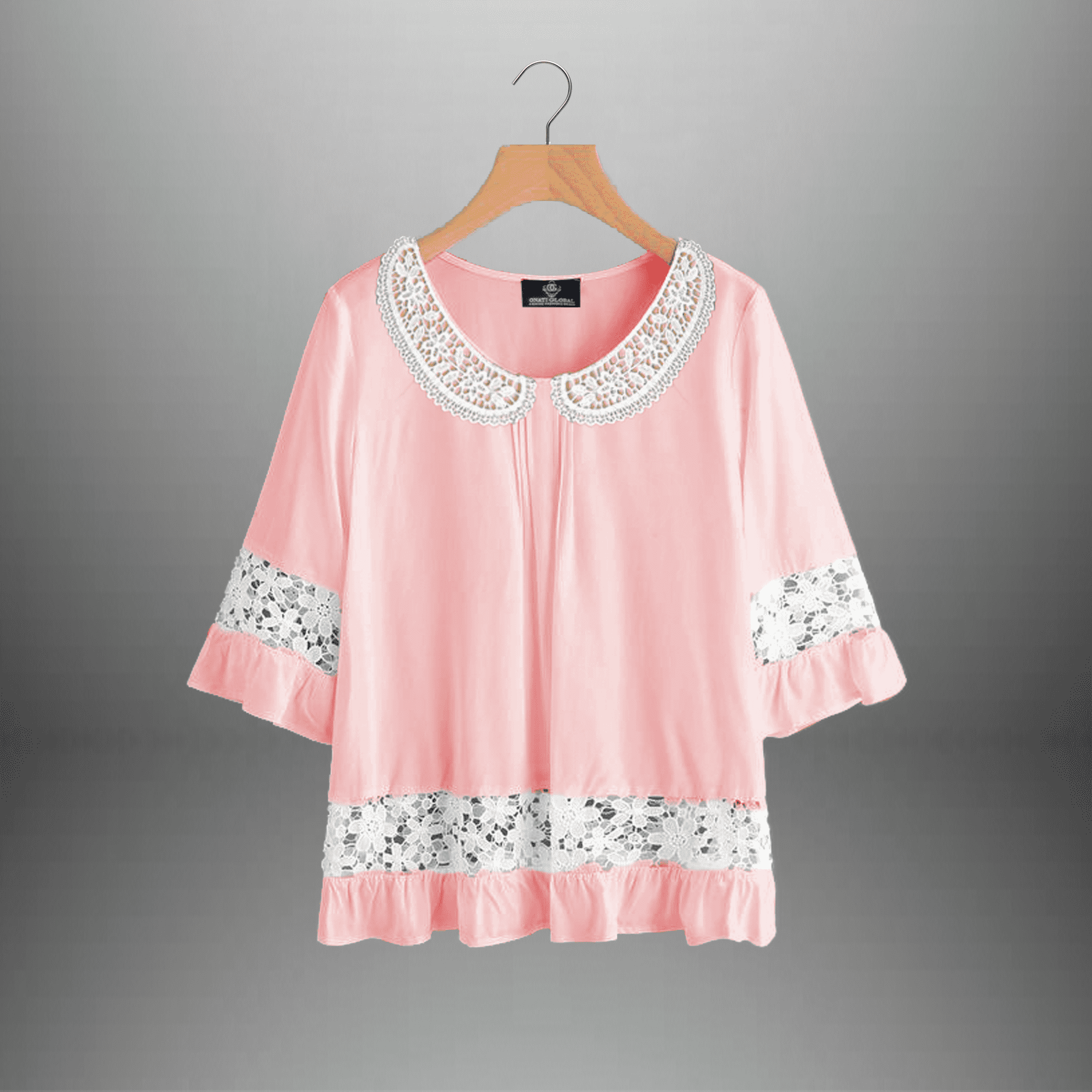 Women's Baby Pink Top with White Lace Embellishment-RET102
